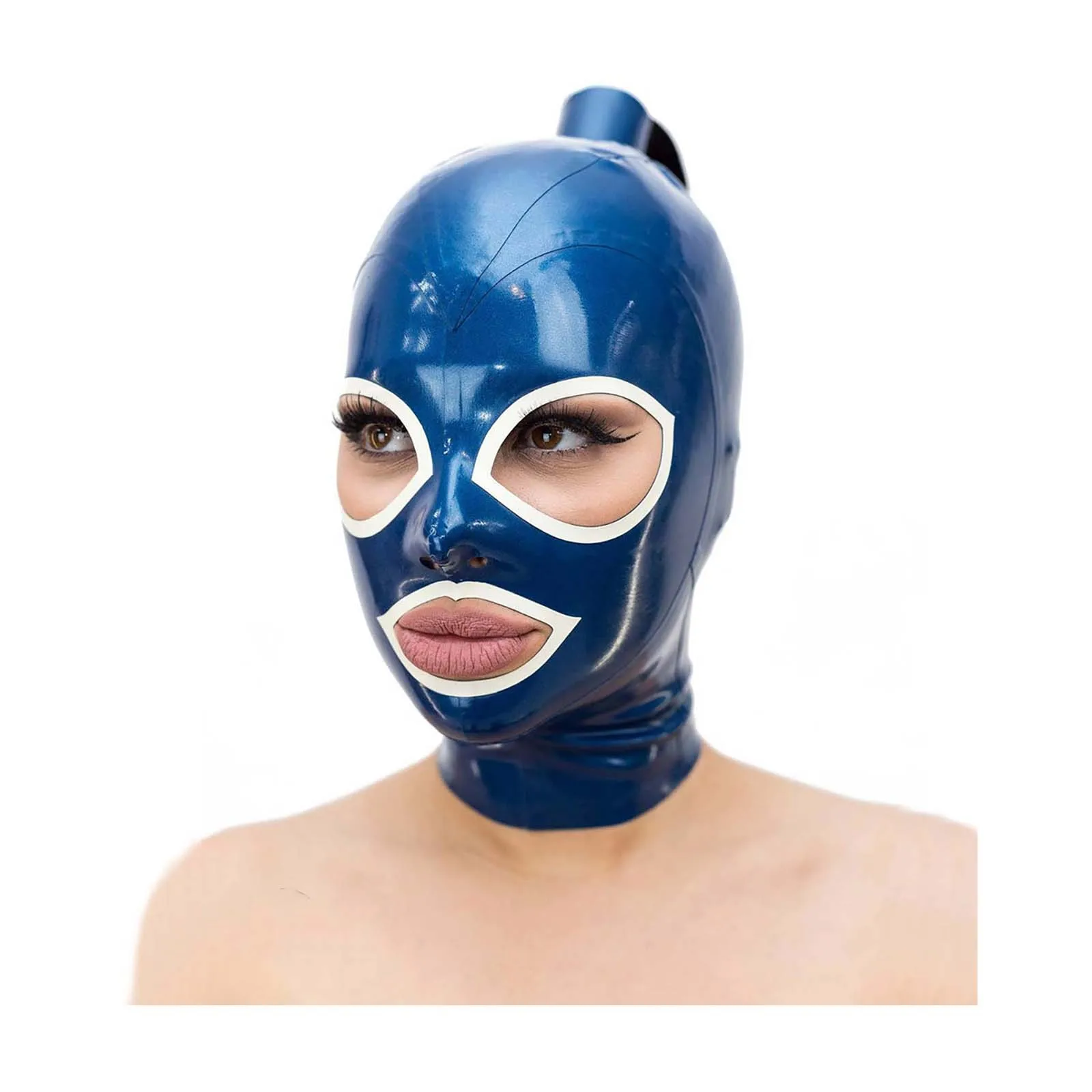 

MONNIK Blue Latex Mask Hood with Ponytail Hair Tube Back Zipper Handmade for Costume Catsuit Cosplay ClubWear Party