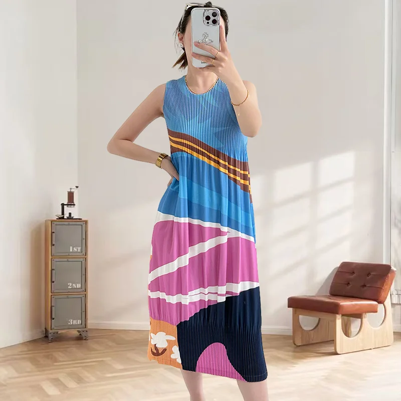 

Miyake Pleated Dress 2025 Summer New Senior Sense of Printing Designer Sleeveless Dress Temperament Undershirt Dress Female