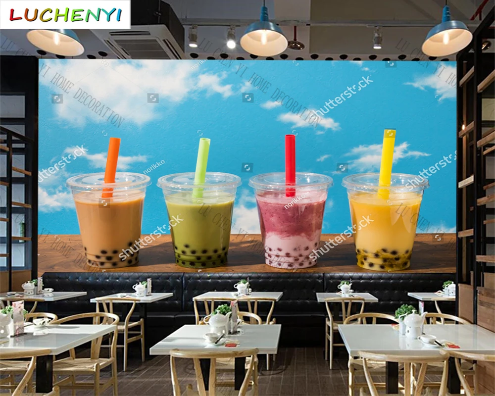 

Custom bule sky colorful bubble tea mural wallpaper restaurant drinking shop kitchen dining room wall papers home decor sticker