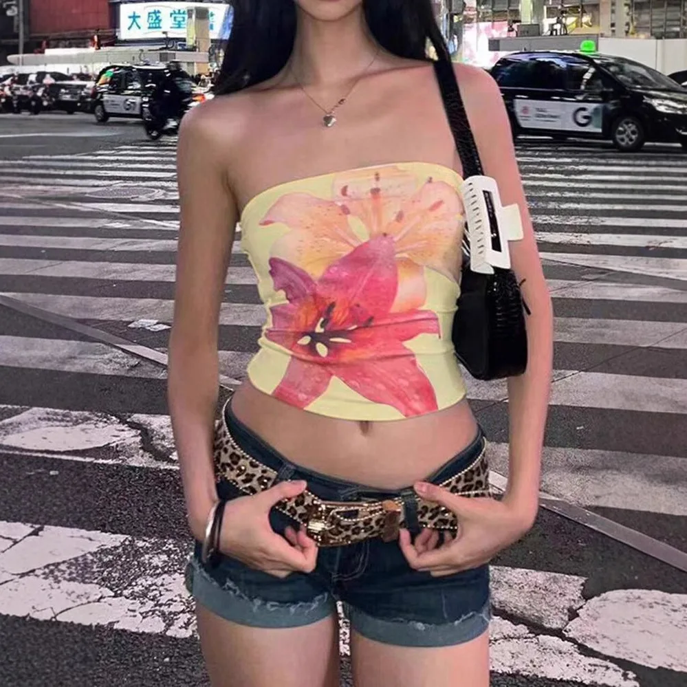 

Summer New Spicy Girl Y2k Vacation Lily Flower Print Sleeveless Off Shoulder Women's Strapless Top