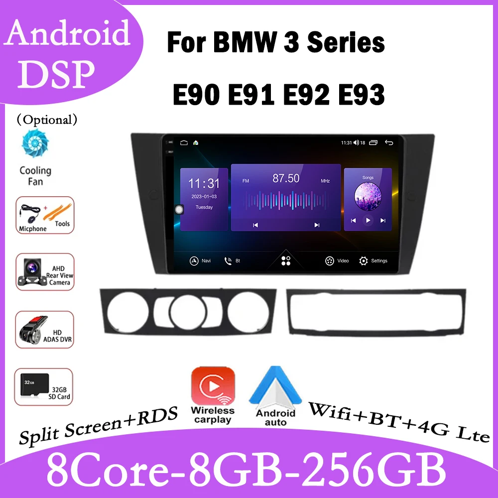 9 lnch For BMW 3 Series E90 E91 E92 E93 Android 14 Carplay Auto Car Radio Multimedia Video Player RDS WIFI BT Head Unit