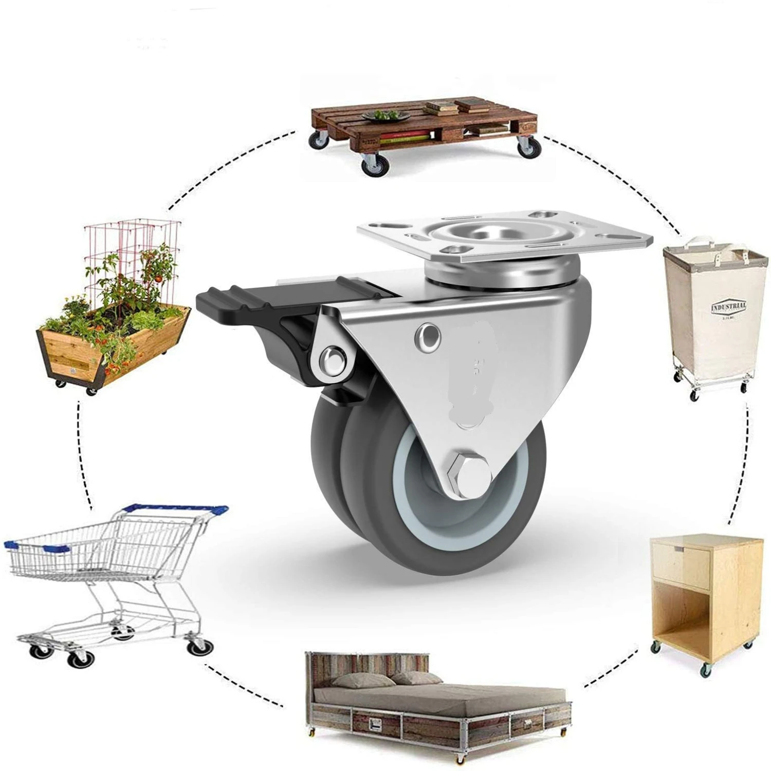4-Pack Heavy Duty Plate Casters, 362.87KG Load, Silent Swivel Wheels with Lock, Furniture Trolley, Durable, Silver Finish