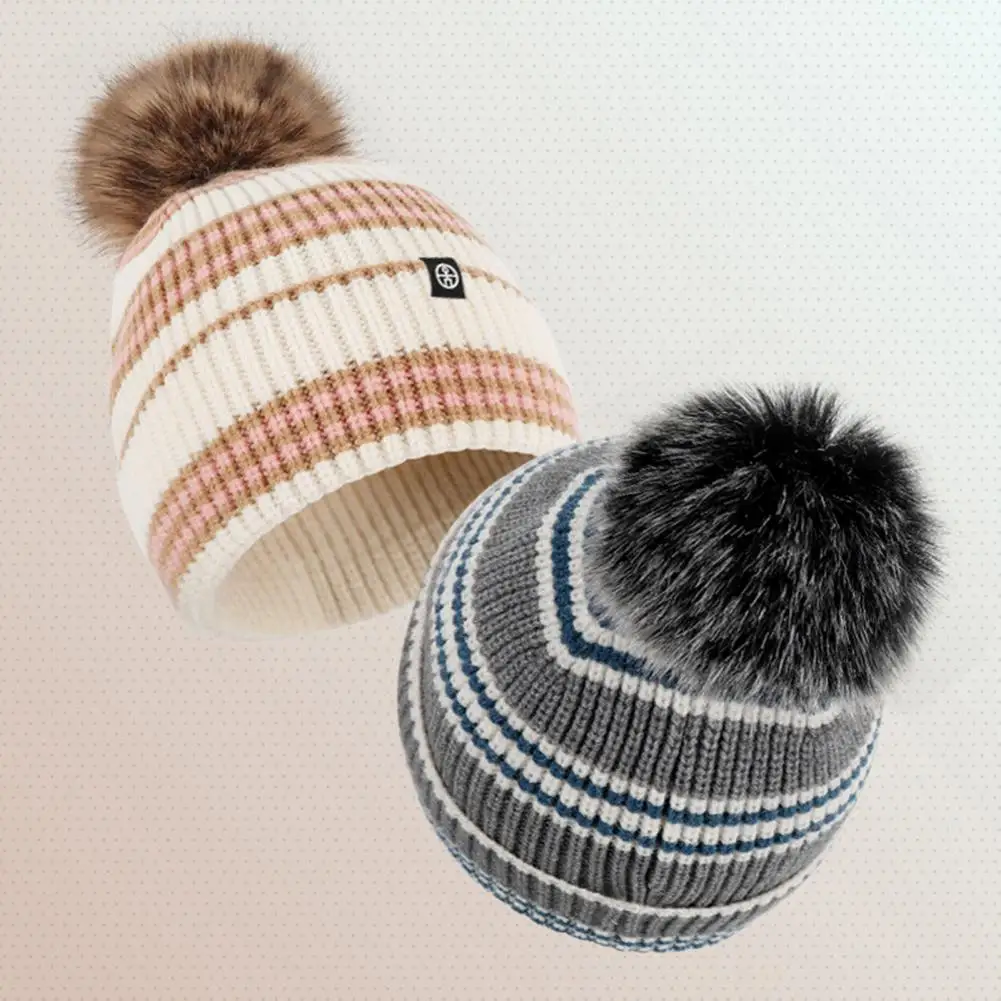 Knitted Hat Scarf Gloves Set Winter Beanie Scarf Gloves Set with Plush Ball Decor Unisex Striped Knitted Warm Cap Gloves