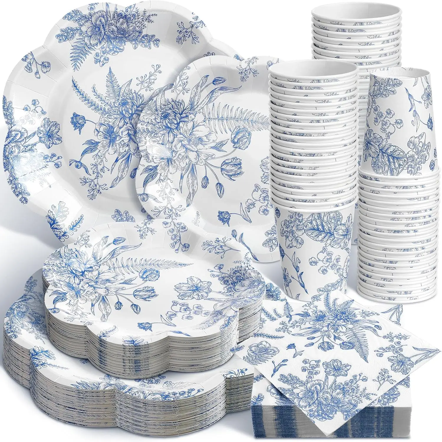 

250 Pcs Blue Floral Disposable Plates and Napkins Blue and White Floral Paper Tableware Set for 50 Guests Paper Plates N