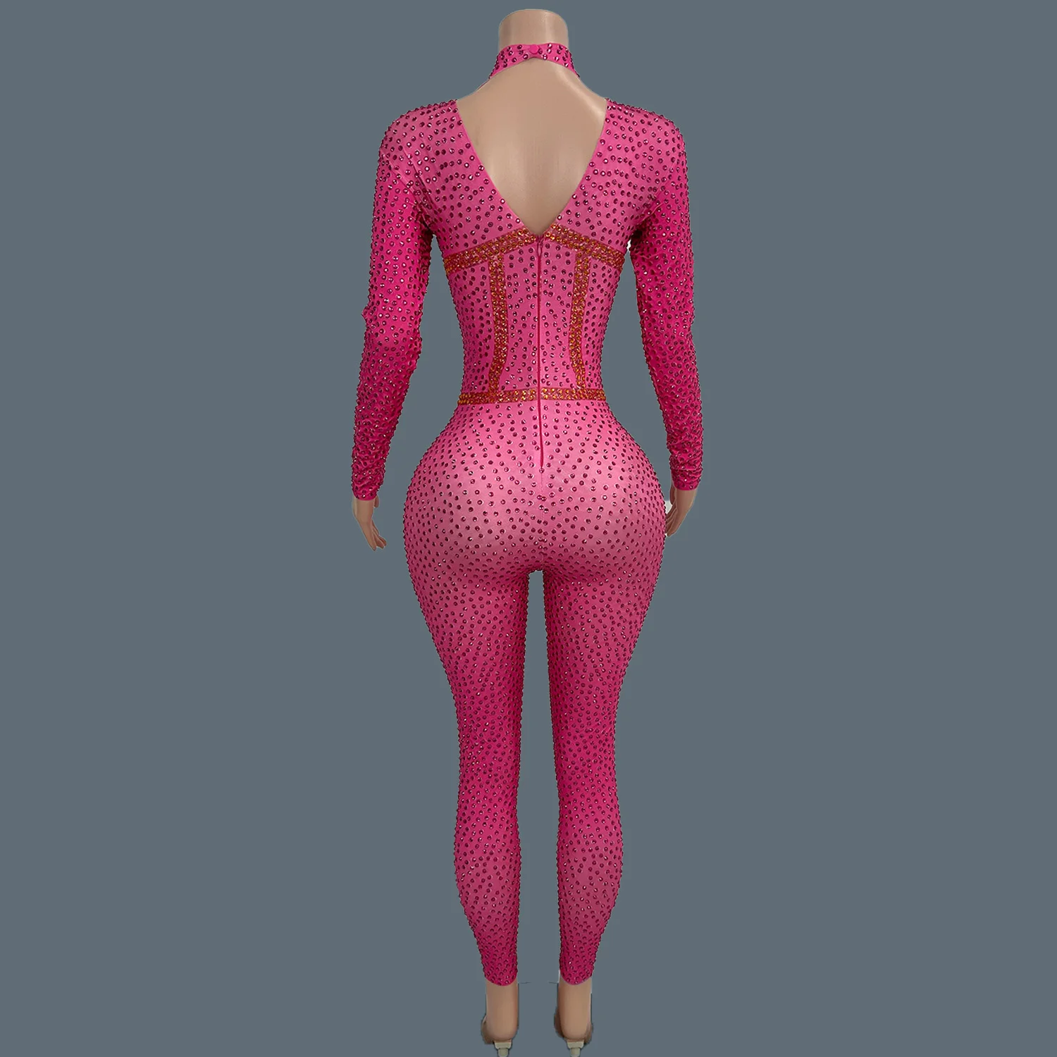 Sparkly Rhinestone Barbie Pink Skinny Jumpsuit Women Club Singer Stage Outfit Birthday Party Black Girls Sexy Jumpsuit Fenyekong