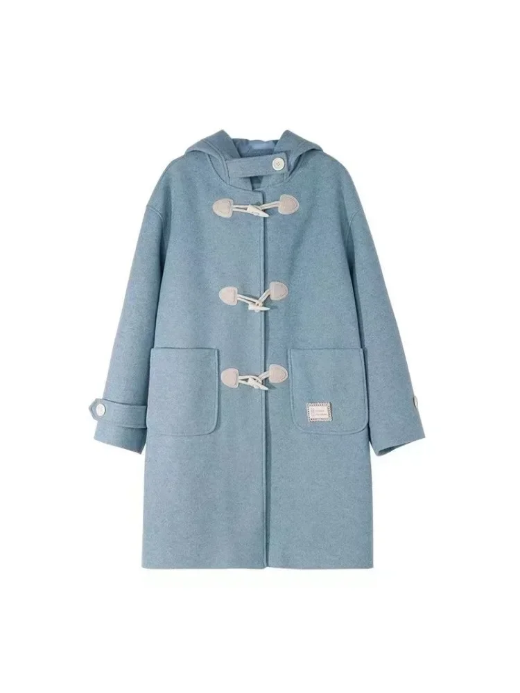 Herfst Winter Wollen Trenchcoat Koreaanse Preppy Oversize Cowl Gesp Lange Tweed Jas Jassen Vrouwen Kawaii Capuchon Wollen Uitloper