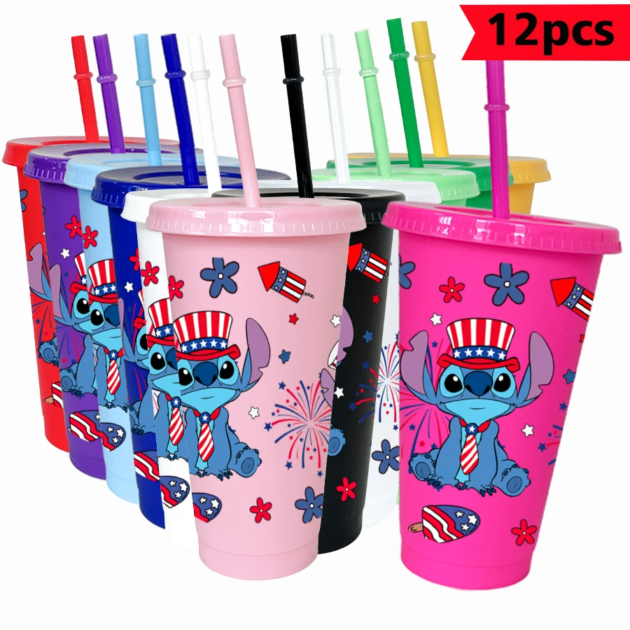 

12pcs/lot Disney Stitch Patriotic Style 26oz Colorful Plastic Tumbler Birthday Party Drinkware Juice Coffee Cups
