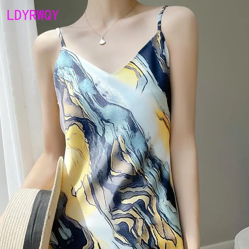 

French suspender dress with elegant printing acetate satin A-line skirt for women in 2023 off shoulder beach