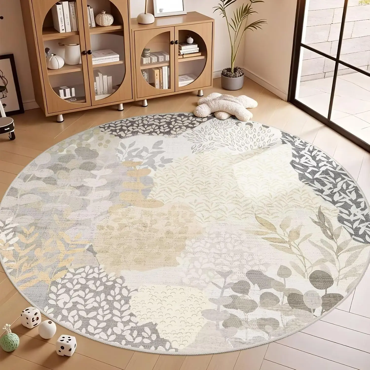 Ethnic Patchwork Watercolor Floral Round Rug – Anti-Slip Home Decor Mat for Bedroom, Living Room & Entryway