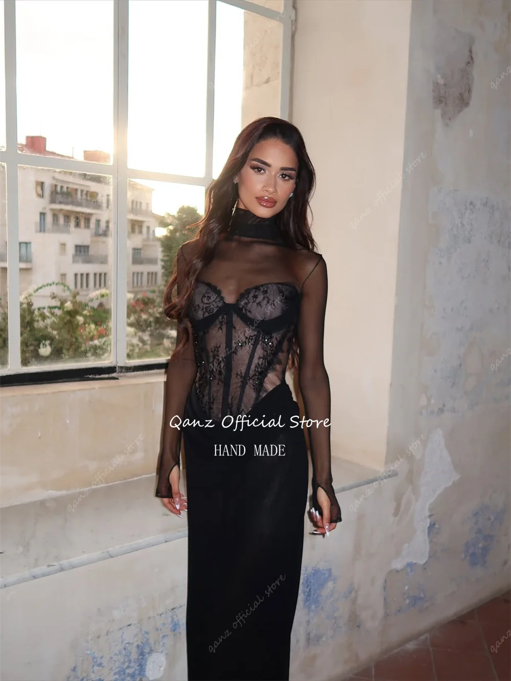 Qanz Luxury Black Prom Dresses Mermaid Lace Evening Eresses For Gala Dinner Corset Long Sleeves Vestidos De Fiesta Customized image 6