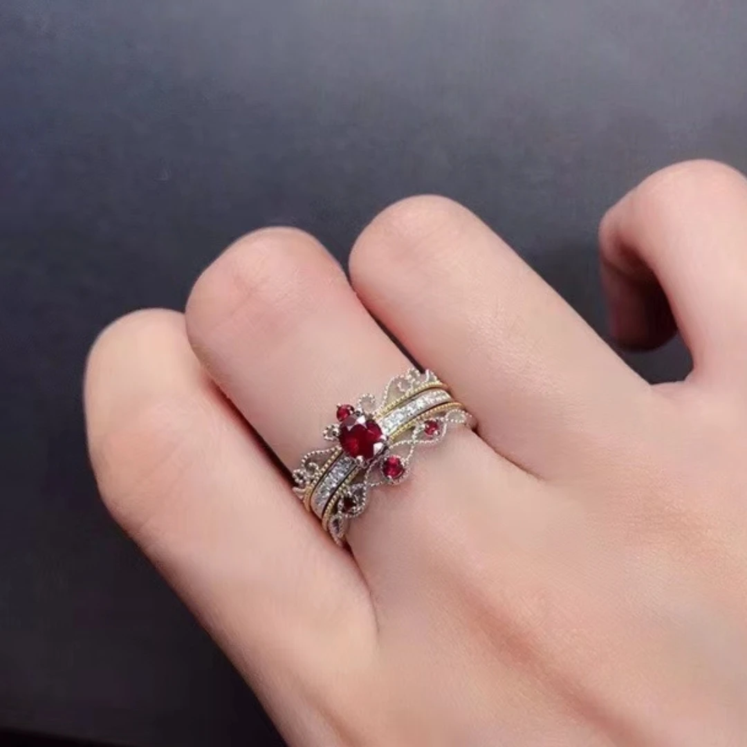 Anillo de mujer de Triple desgaste con rubí Natural de Myanmar recién quemado, plata pura S925, exquisitas gemas incrustadas de alta claridad