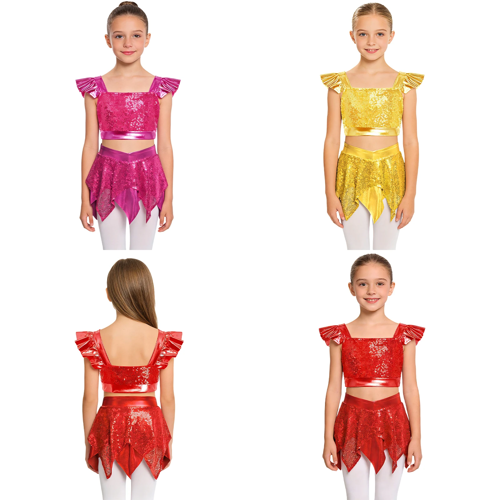 Kids Girls Hip Hop Jazz Dance Crop Top with Skirt Built-in Briefs Metallic Shiny Sequin Outfit Dancewear Cheerleading Costume