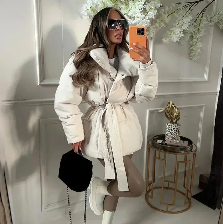 

Fashion Lace Up Cotton Jacket Women Casual Stand Collar Single Breasted Pocket Loose Outerwears Lady Winter Daily Street Jackets