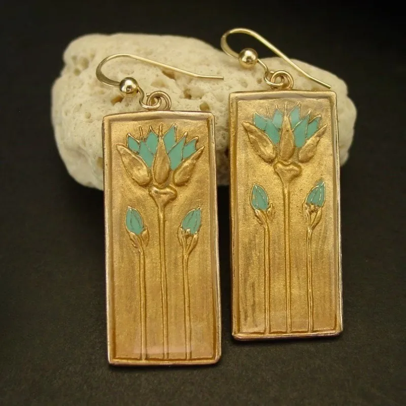 

Vintage Square Inlaid Green Stone Flower Earrings Geometric Creativity Gold Color Dangle Earrings for Women Jewelry