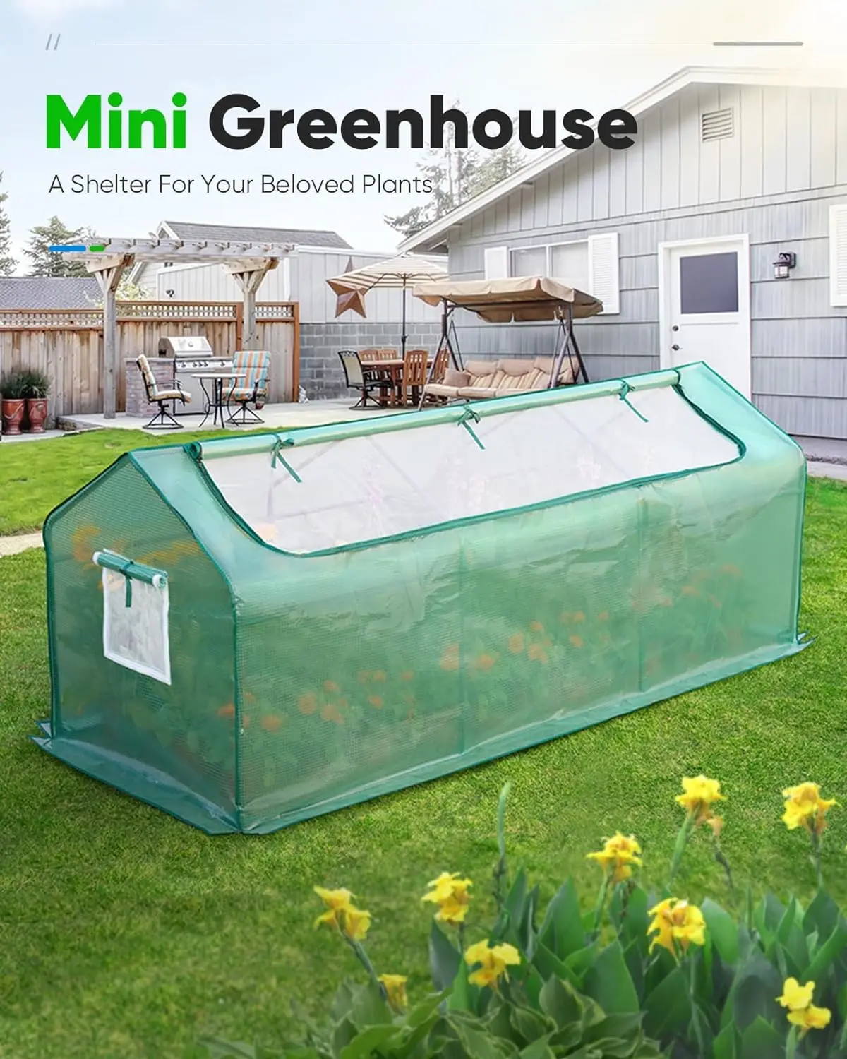 Portable Mini Cloche Greenhouse w/ Elevated Bottom, Large U-Shaped Zipper Mesh Door & 2 Side Screen Window Waterproof