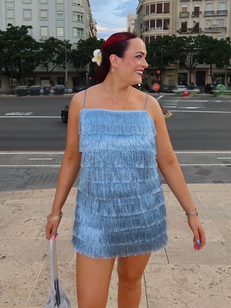 HH Vrouwen Nieuwe Mode Kwastje Gevoerde Mini Jurk Mouwloze Backless Sexy Slanke Jurken Vrouw Zomer Blauw Party Halter Jurk