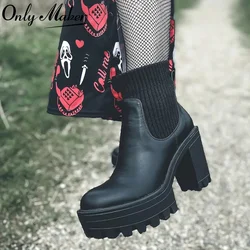 Onlymaker Women Platform Ankle Boots Chunky High Heel Matte Black Soft PU Leather Sock Patchwork Boots