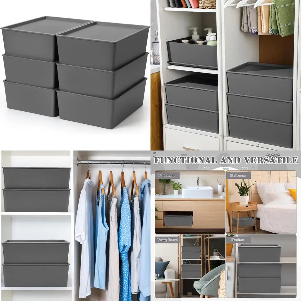 

Large Grey Stackable Plastic Storage Bins with Lids for Organizing, Playroom, Classroom, Office Use