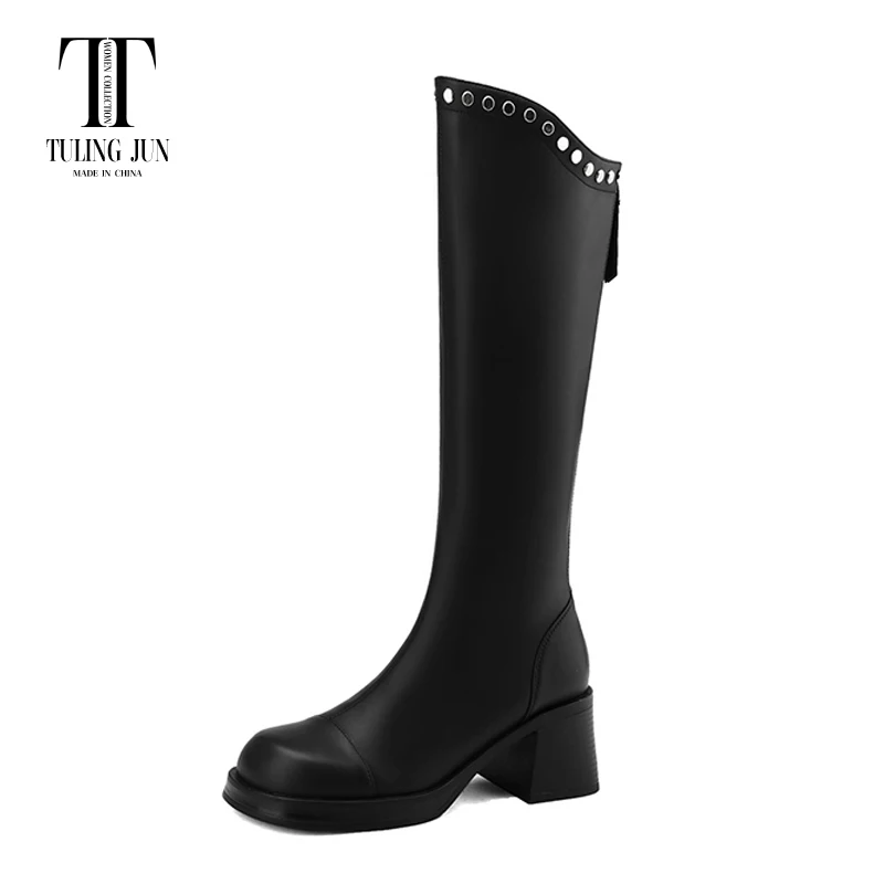 

TULING JUN 2023 Winter Women's Shoes Rounded Head Thick High Heels Retro Daily Comfort Rivets High Boots FD8001-1