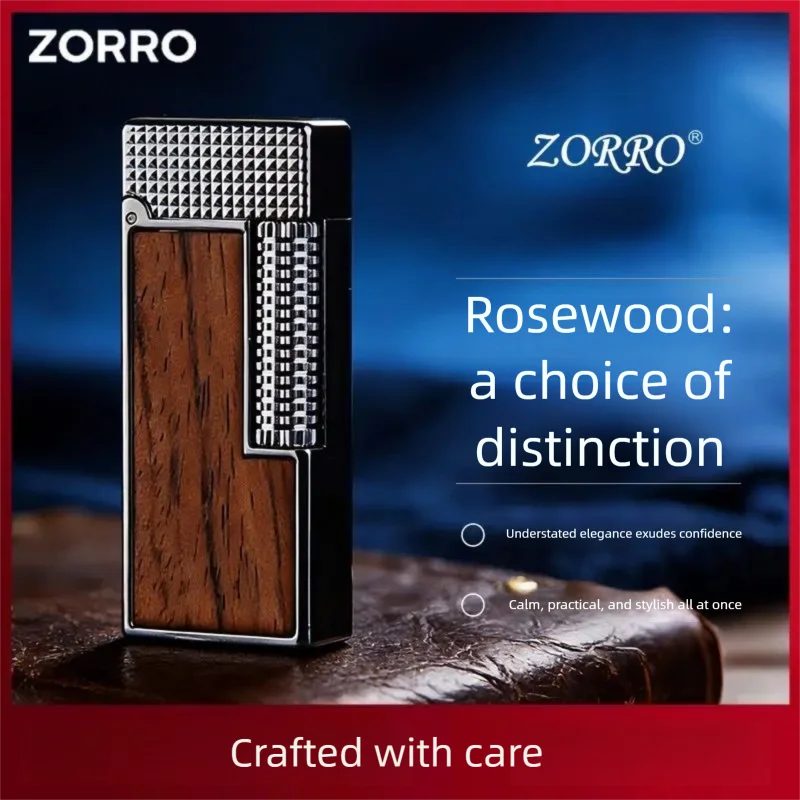 ZORRO Side Slip Lighter Solid Pear Wood Metal Windproof Petrol Slim Pocket Lighter Luxury Gift Men Smoking Accessory