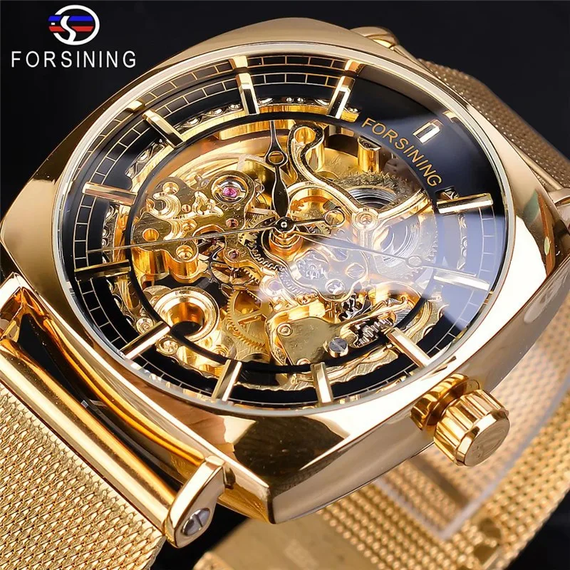 Fashion Forsining Top Brand Mesh Luxruy Golden Stainless Steel Men\'s Automatic Mechanical Square Dial Casual Hollow Out Watches