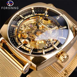 Fashion Forsining Top Brand Mesh Luxruy Golden Stainless Steel Men's Automatic Mechanical Square Dial Casual Hollow Out Watches