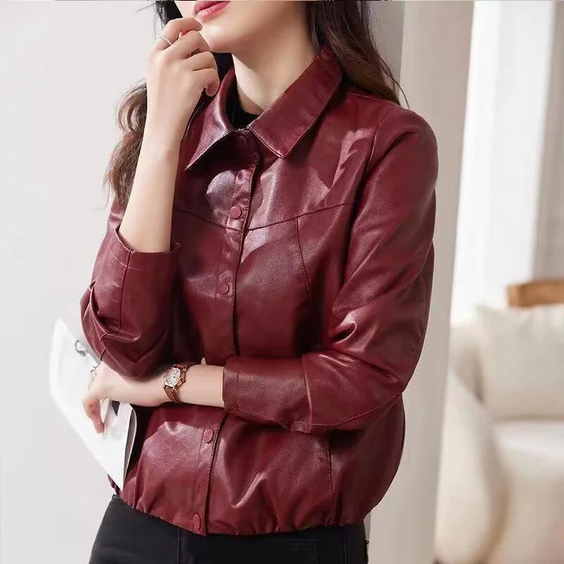 Women Long Sleeves Leather Clothing Coat 2024 Ladies Short PU Leather Jacket Autumn Female Large Size 5XL Faux Leather Tops