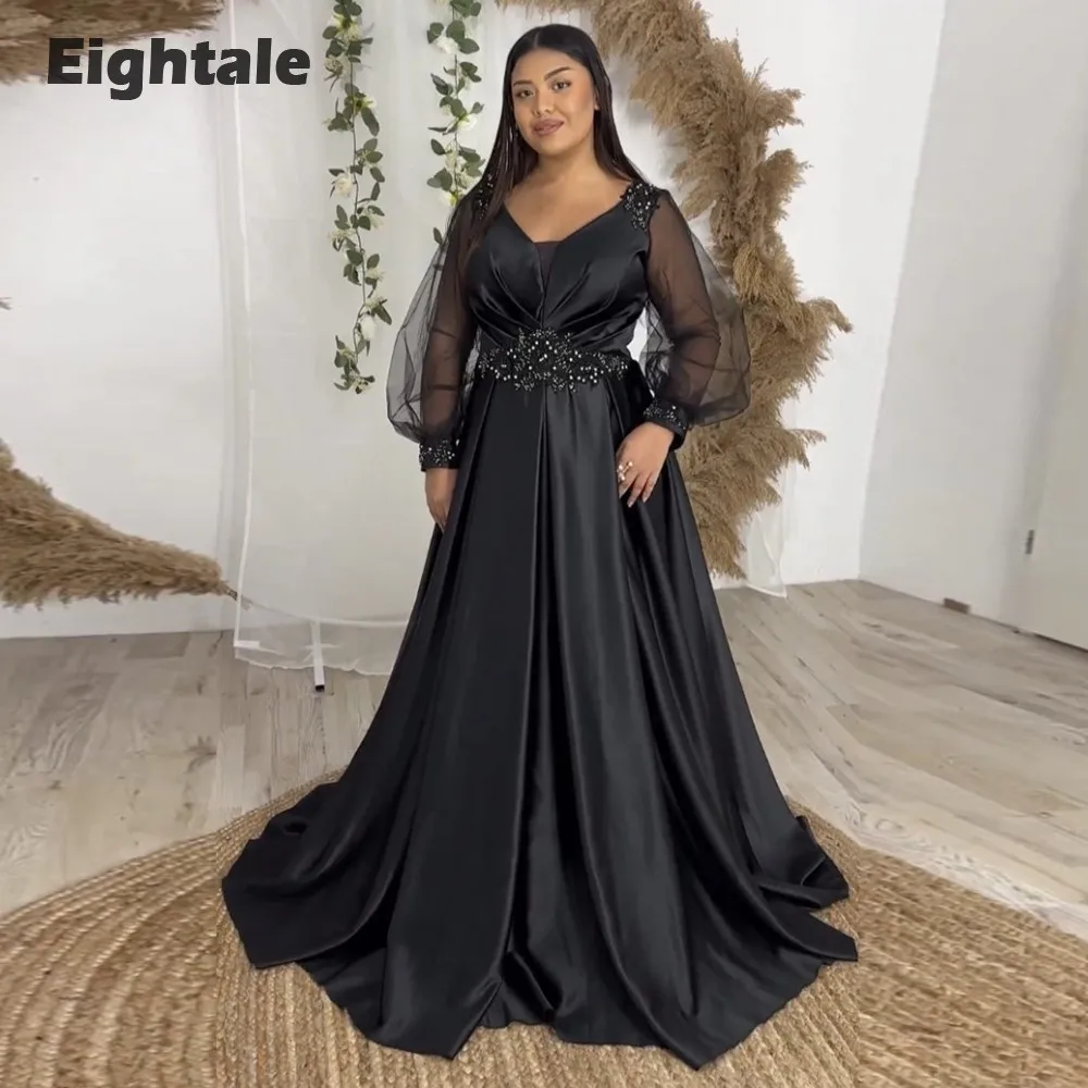 Eightale Plus Size Evening Dresses Black V-Neck Appliques Formal Satin Beaded Pleats Celebrity Prom Party Gowns for Wedding