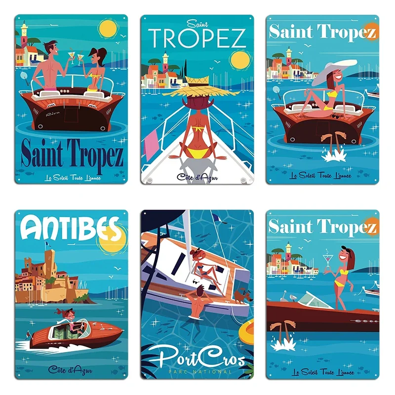 Yacht St Tropez Poster Antibes Port Cros poster Metal Mural Plaques Wall Plaque Designer Vintage Tin Sign Poster