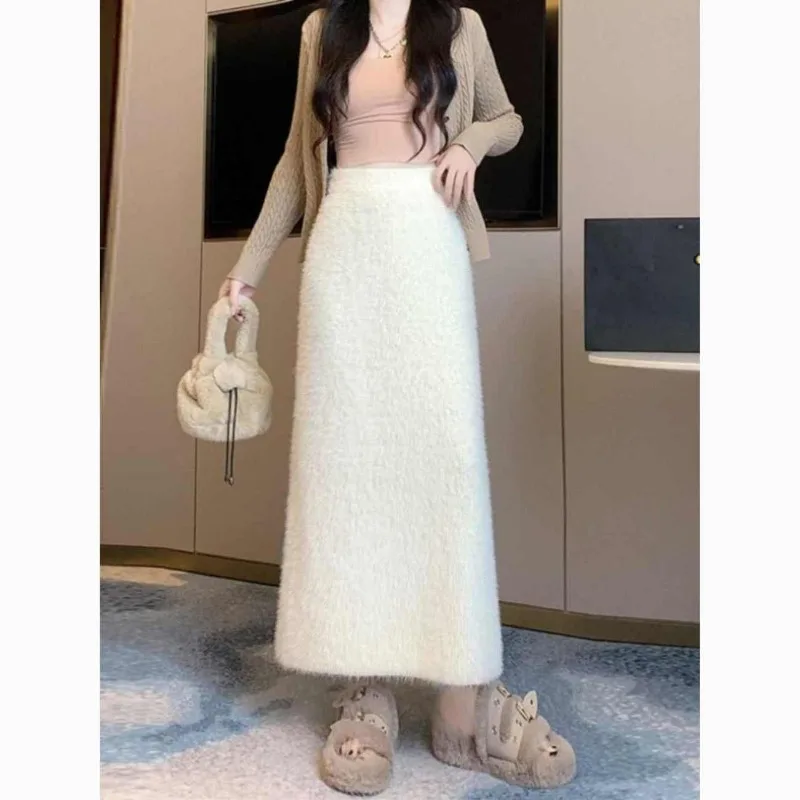 Women Thick Faux Mink Fur Maxi Skirt High Waist Knitted Straight Long Skirt For Winter