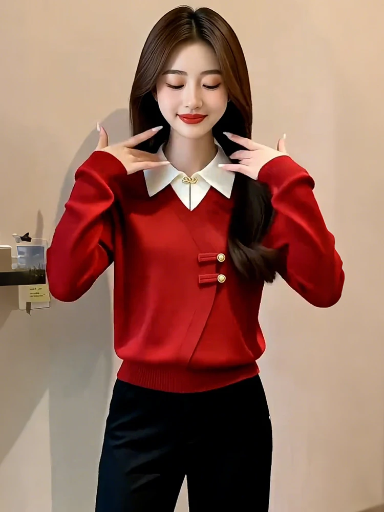 

Красный вязаный свитер Sli для женщин: свободный крой, длинный рукав, повседневный стиль, дышащий, комфортный, осенне-зимний, модный, для создания непринужденного образа