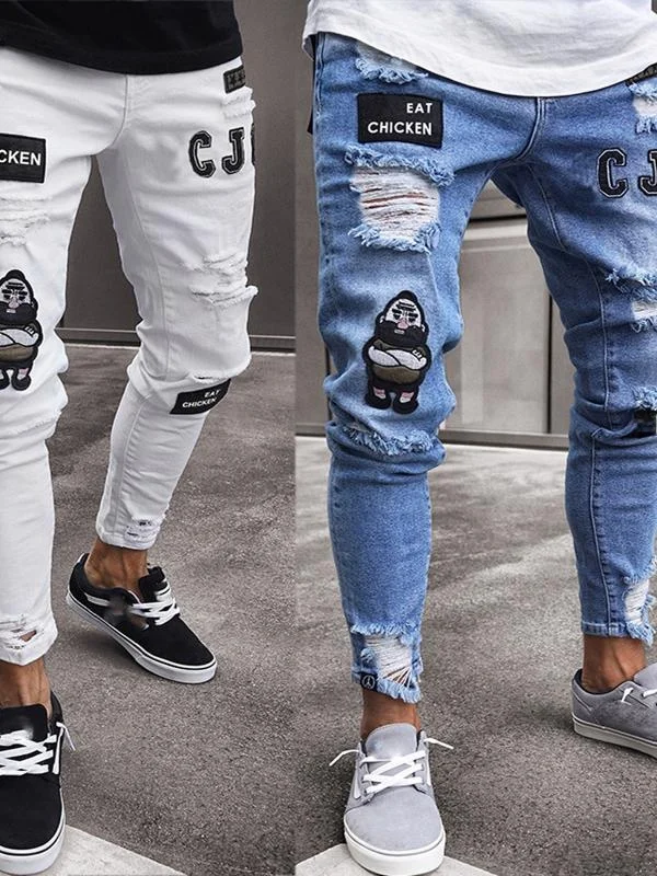 

High Waist Slim Fit Men's Jeans White Premium Denim Black Hole Trendy Men's Long Pants Zipper Closure Sport Scene
