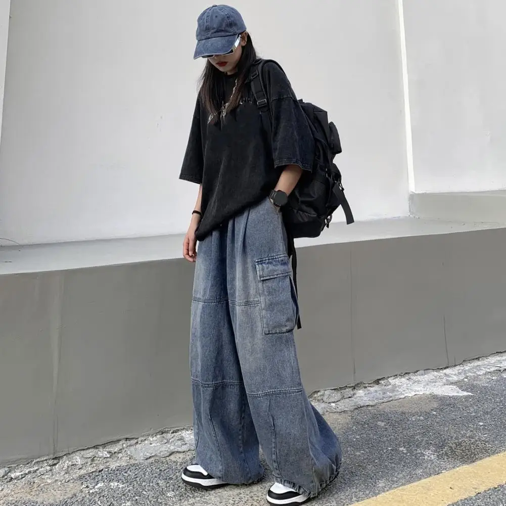 

Unisex Jeans Wide Leg Straight Side Pockets High Street Hip Hop Drawstring Elastic Waist Streetwear Long Trousers Bloomers 청바지