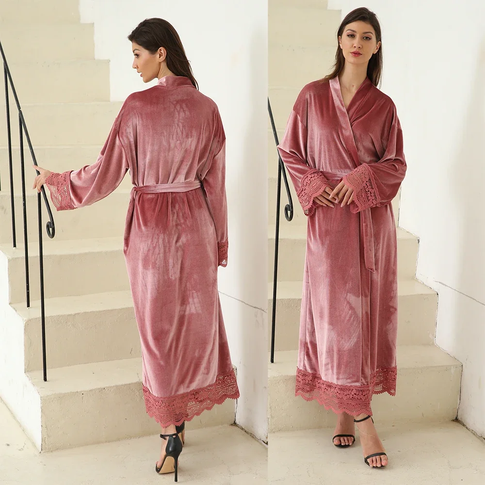 Long Velvet Robes with Lace Robe Women Bride Bridesmaid Kimono Bathrobe Party Soft Lady Wedding Homewear Warm Velvet Robe Gown