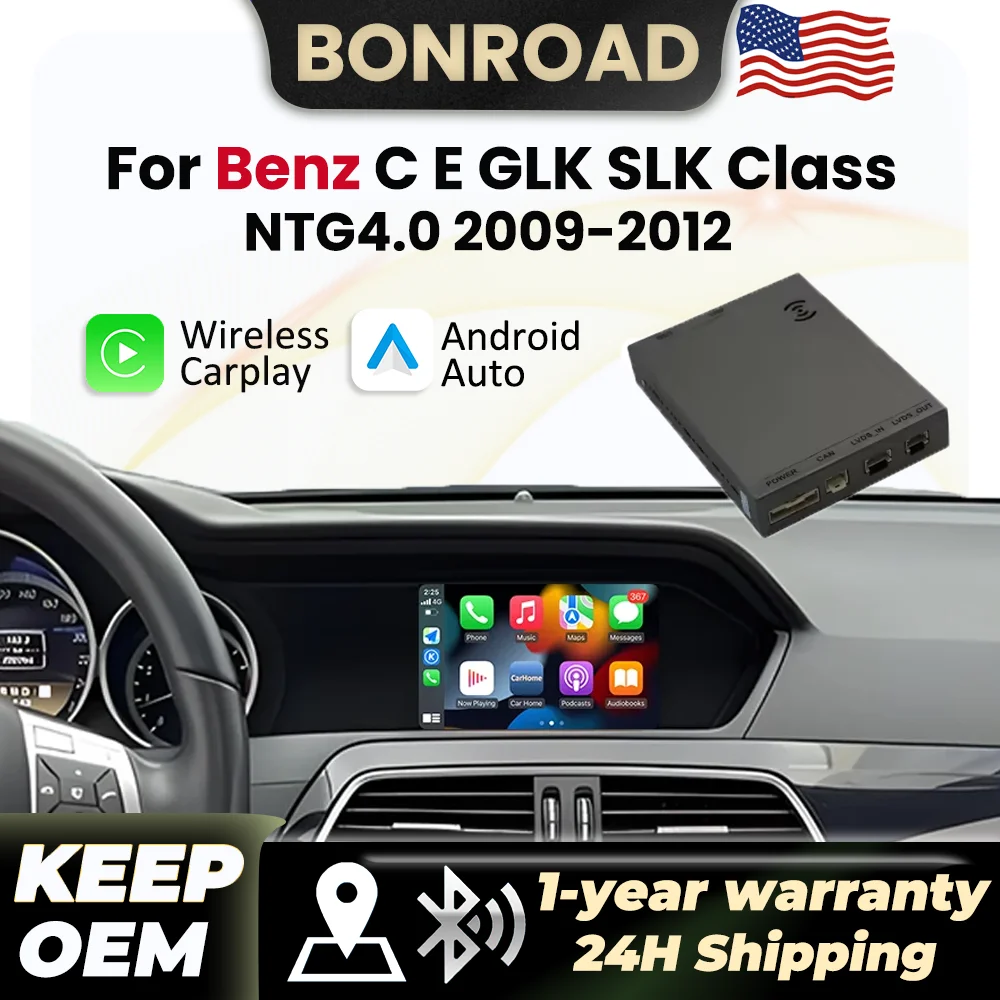 BONROAD Wireless CarPlay Decoder For Mercedes Benz C Class W204 SLK R171 GLK E Coupe W212 E Class W207 NTG4.0 2009-2012 With Android Auto Mirror Link AirPlay BT GPS Navigation Module