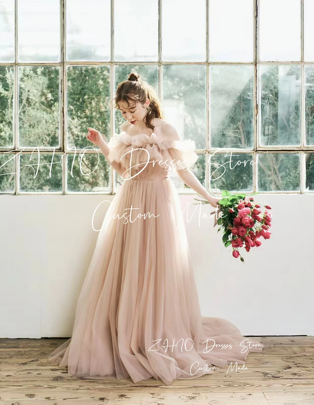 ZHIO Fairy Baby Pink Wedding Party Dress Off Shoulder Sweep Train Korea Photo Shoot Bridal Gown Evening Dresses Custom웨딩드레스