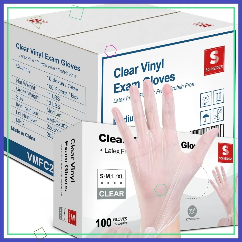 

Latex-Free Disposable Medical Gloves, Powder-Free & Food Safe, 4 mil Clear Vinyl Exam and Cleaning Gloves