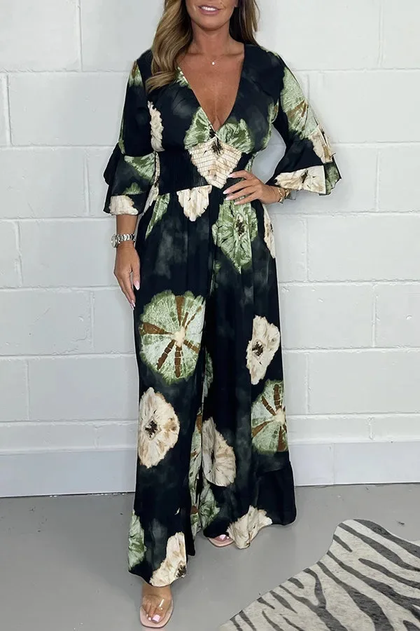 BKLD 2025 Summer New Fashion Printed Women Clothing One Pieces Deep V-Neck Ruffles Long Sleeve Wide Leg Pants Jumpsuits