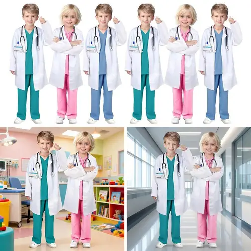 Imagen 2 del producto 7 Uds. Conjunto de disfraz de médico quirúrgico con cuello en V para niños traje quirúrgico médico enfermera Cosplay bata médica con estetoscopio