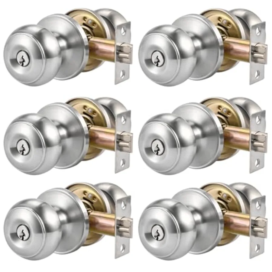 

6pcs Door Knob with Lock and, 60/70mm Adjustable Latch Exterior Door Lock Set, Silver Door Knobs Interior Locks for Bedrooms Ba