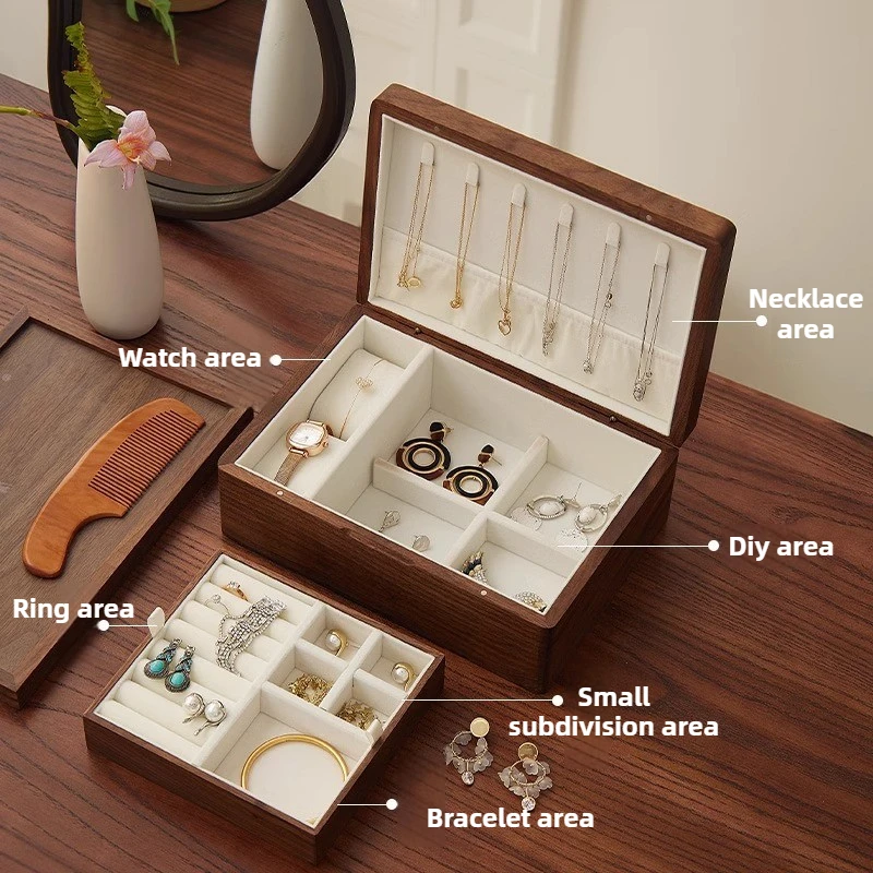 Solid Wood Embroidered Jewelry Box Double Layered Jewelry Storage Boxes Vintage Wedding Ring Earring Necklace Organizer Case