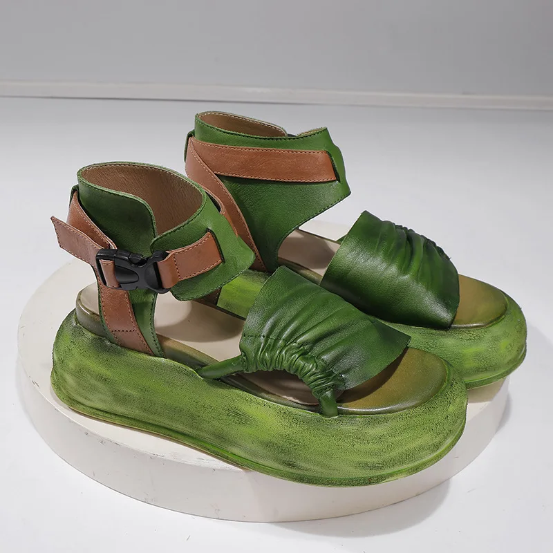 GKTINOO 6.5cm Cow Genuine Leather Fashion Summer Ankle Booties Round Summer Sandals Mary Jane Platform Wedge Buckle Women Shoes