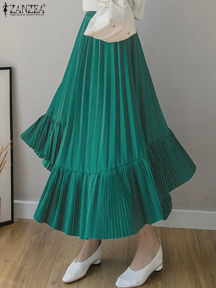 

ZANZEA Women Pleated Mid-Calf Skirts Casual Asymmetrical Hem Overskirts 2025 Autumn Solid Color Elegant OL Elastic Waist Bottoms