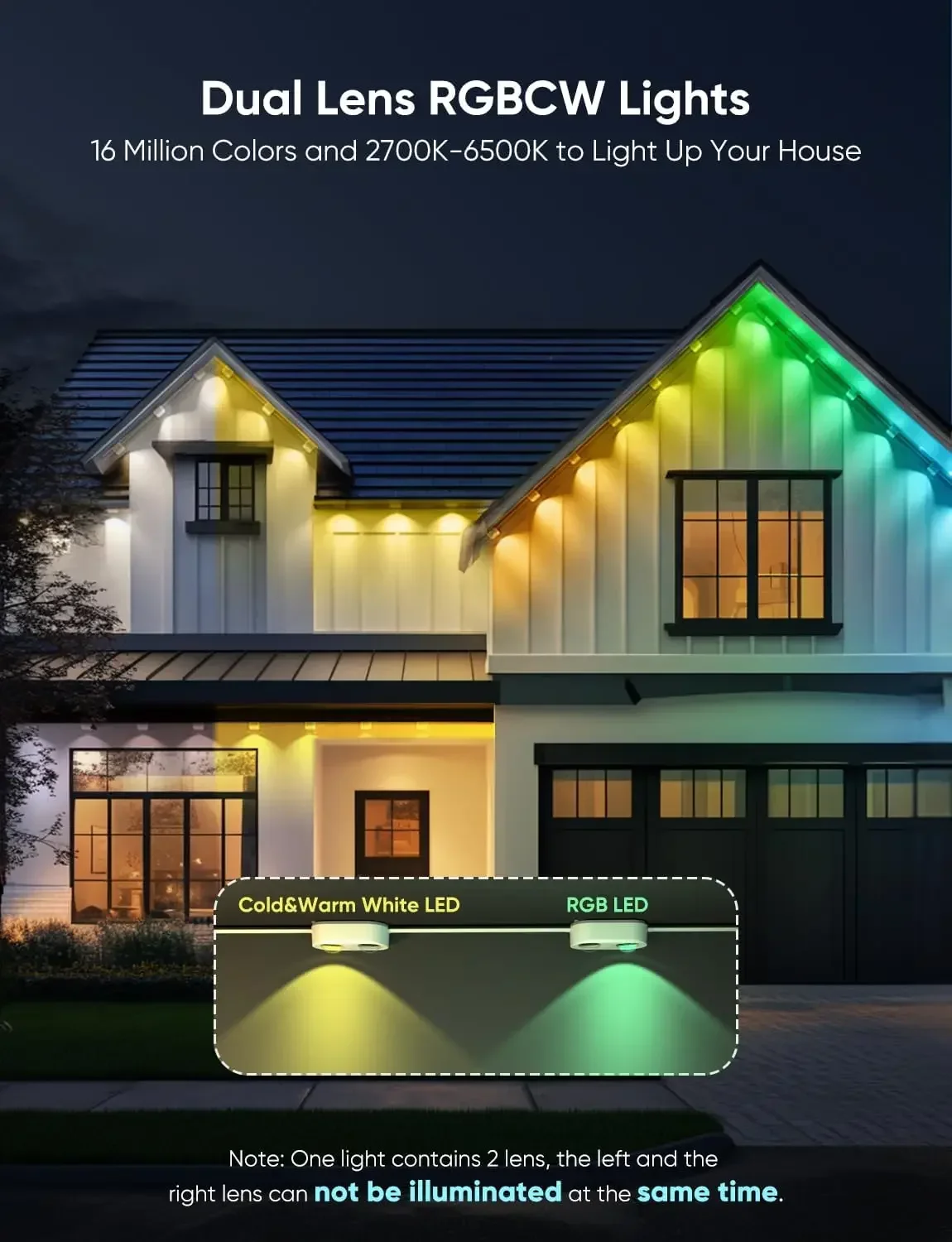 Outdoor Lights Pro 150ft, RGBCW Smart Eaves Lights with 108 LED Lights, Dual Lens, Cuttable, 111 Scene Modes, IP67 Waterproof Li