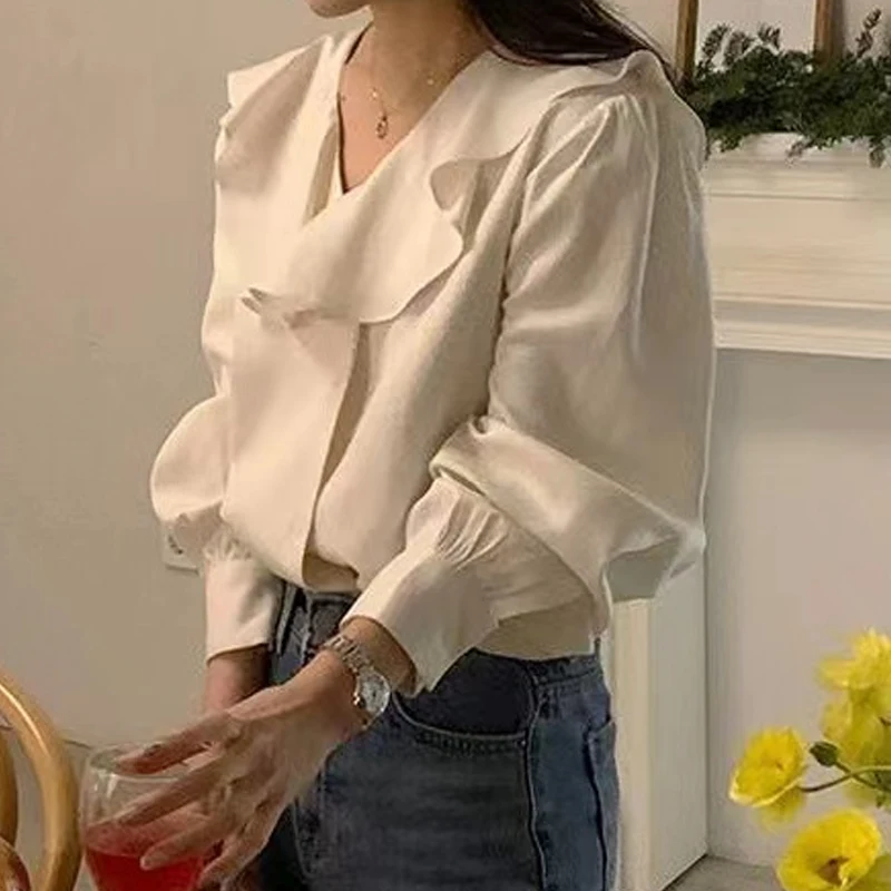 Fashion Long Sleeve Ruffled Women Blouse 2024 Spring V-neck Loose Casual Shirt Elegant Clothes Office Lady Tops Blusas Mujer