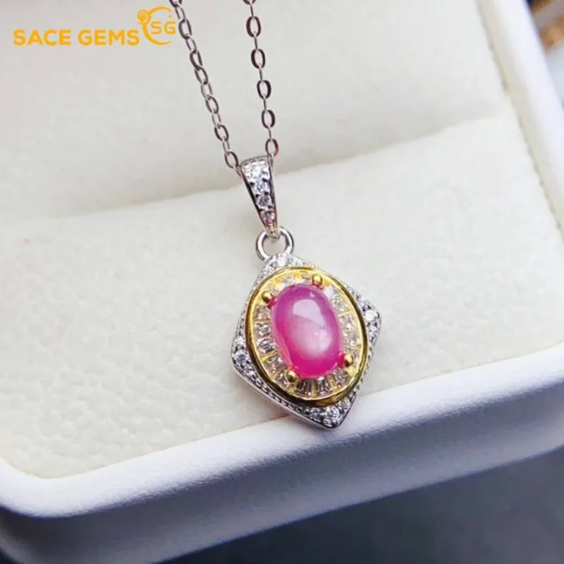 

SACE GEMS S925 Sterling Silver Certified 5*7MM Natual Ruby Pendant Necklaces for Womne Engagement Cocktail Party Fine Jewelry