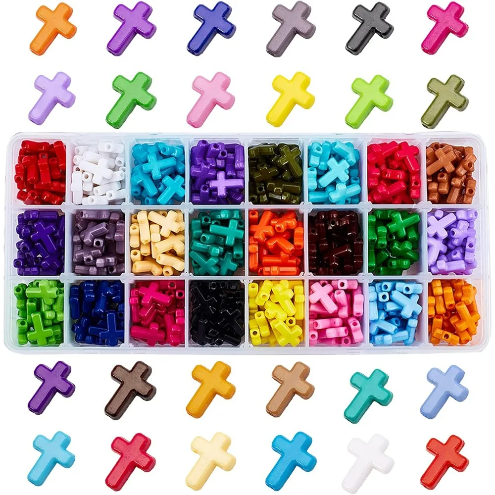 480pcs Acrylic Cross Beads 24 Color Chunky Beads Colorful Cross Charms Spacer Loose Beads for Easter Eid Mubarak Decoration