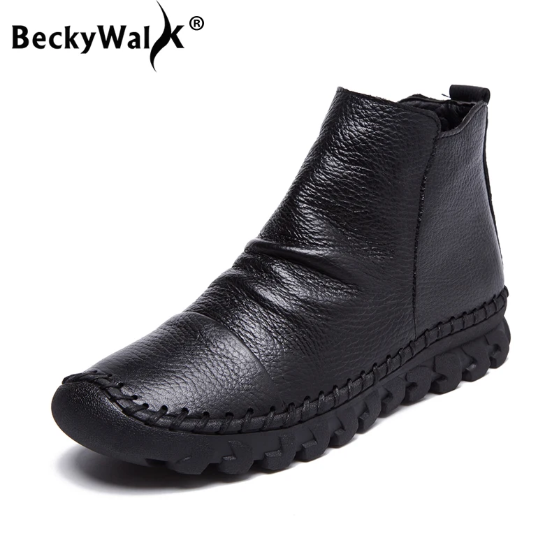 

BeckyWalk Autumn Winter Genuine Leather Snow Boots Women Shoes Round Toe Casual Ladies Ankle Boots Moccasins Botas Mujer WSH3069