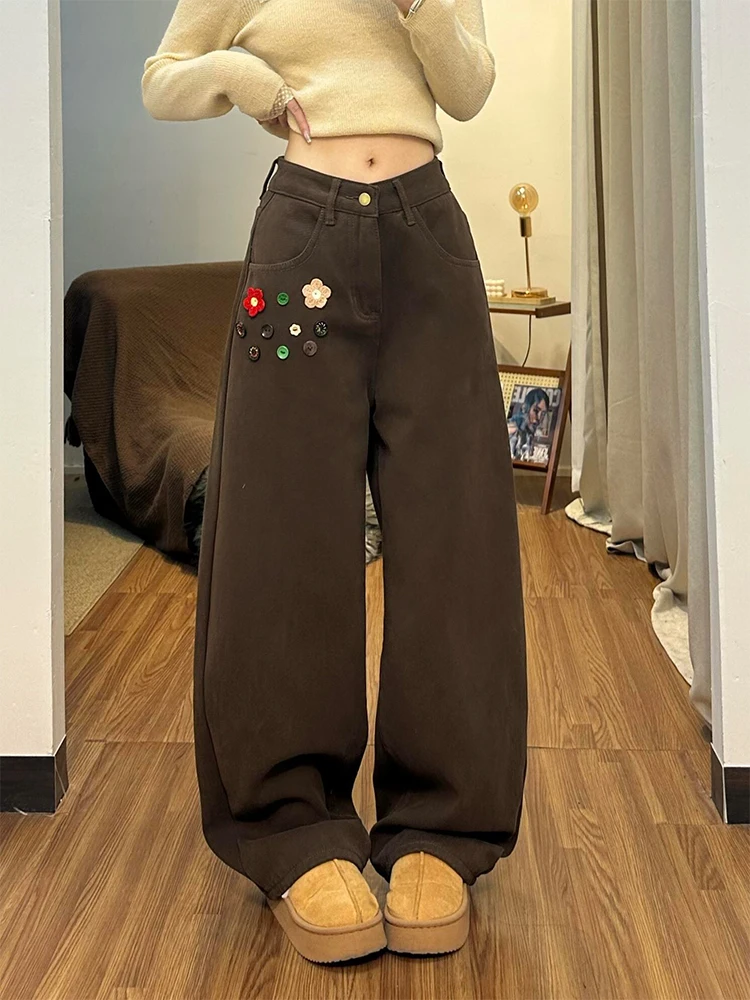 

High Waist Straight Leg Coffee Washed Faded Denim Jeans Women's Summer New Style Retro Pocket Design Slimming Effect