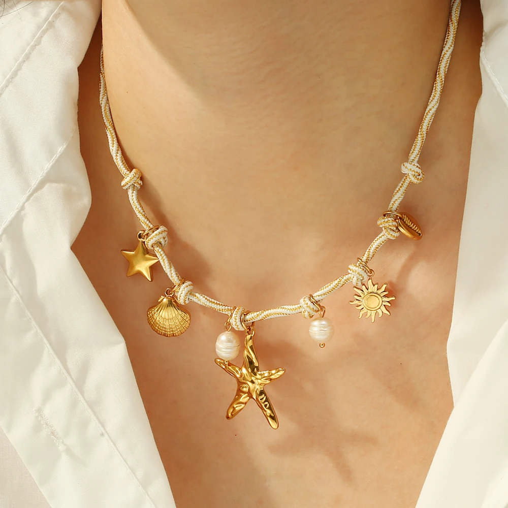 Fashion Rope Braided Handmade Stainless Steel Gold Plated Starfish Shell Heart Flower Charm Necklace for Women Popular Jewelry